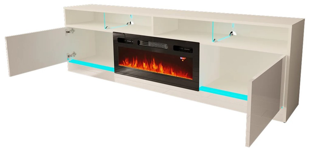 Luxusný TV stolík SANDRA biela s elektrickým krbom + RGB osvetlenie