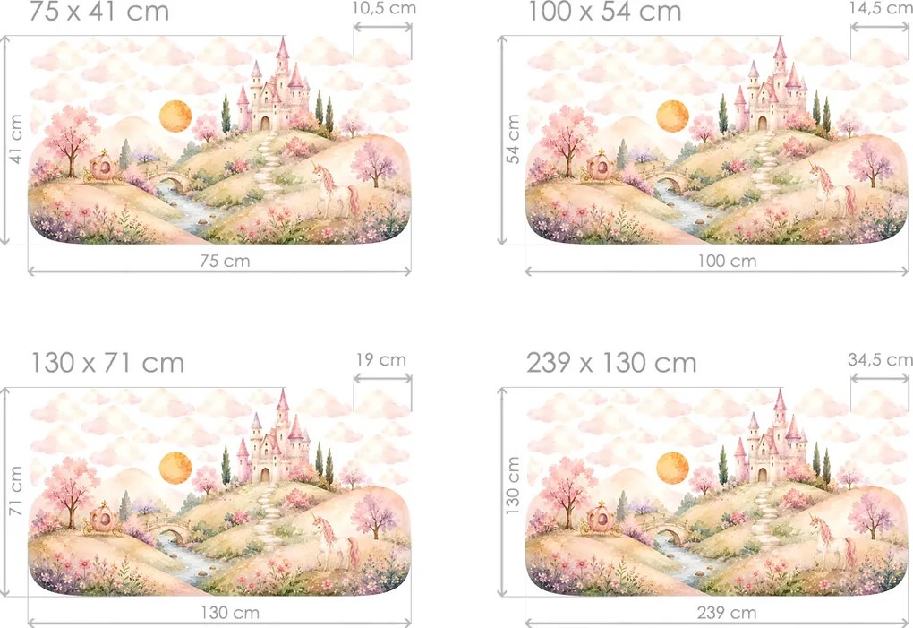 Zámok v kopcoch nálepky na stenu pre dievčatá hárok 75 x 41 cm