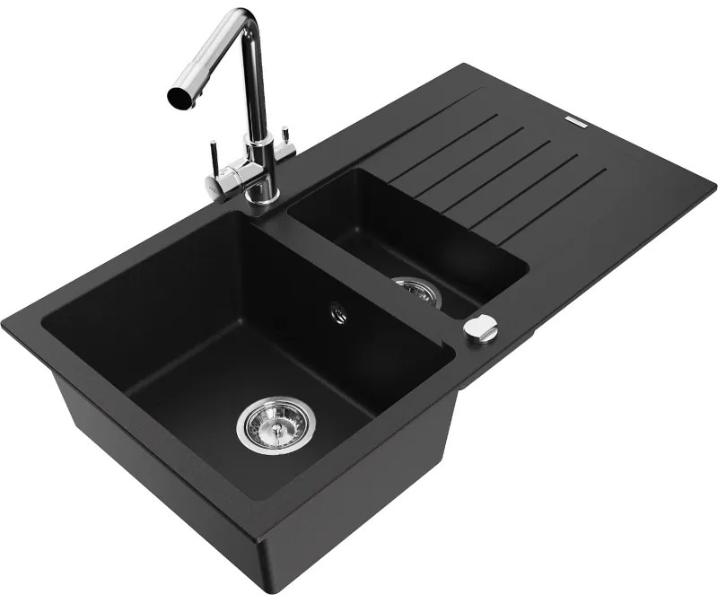 Mexen Matias, granitový drez 900x505x200 mm, 1,5-komorový a chrómová batéria Duero, čierna, 6502-77-671600-00