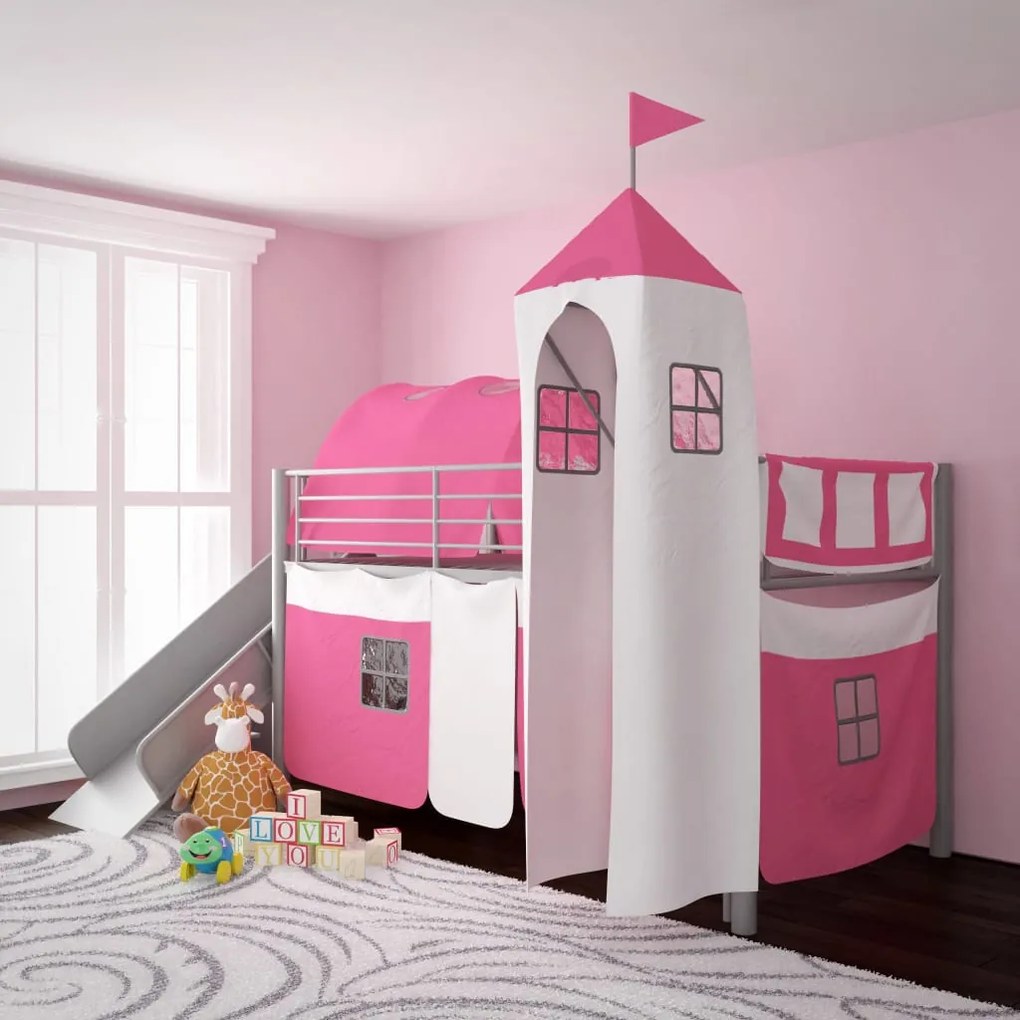 vidaXL Poschodová posteľ s bočným rebríkom, ružová s dizajnom hradu, 200x100 cm