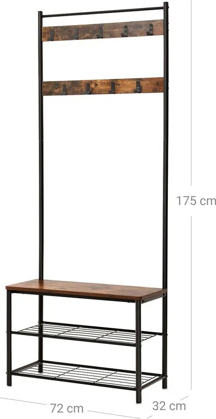 Vešiak s lavicou a botníkom HENRY v industriálnom štýle, 32x70x175cm, hnedá/čierna Vasagle
