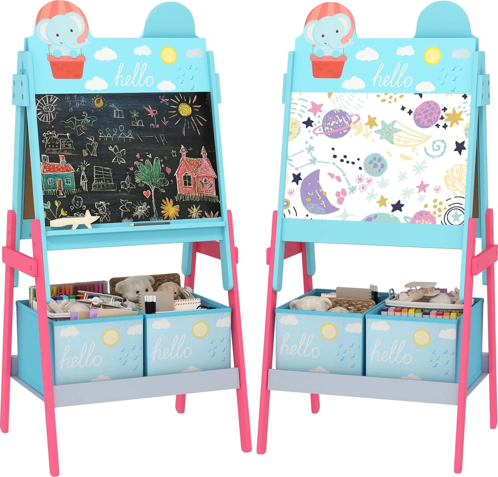 Deti Easel AIYAPLAY 2 v 1 Dvojstranný s Bielej Tabule 2 Úložné Košíky Malovanie Easel pre Deti so Zvieracou Potlačou 53,5x49x113 cm Modrá | Aosom
