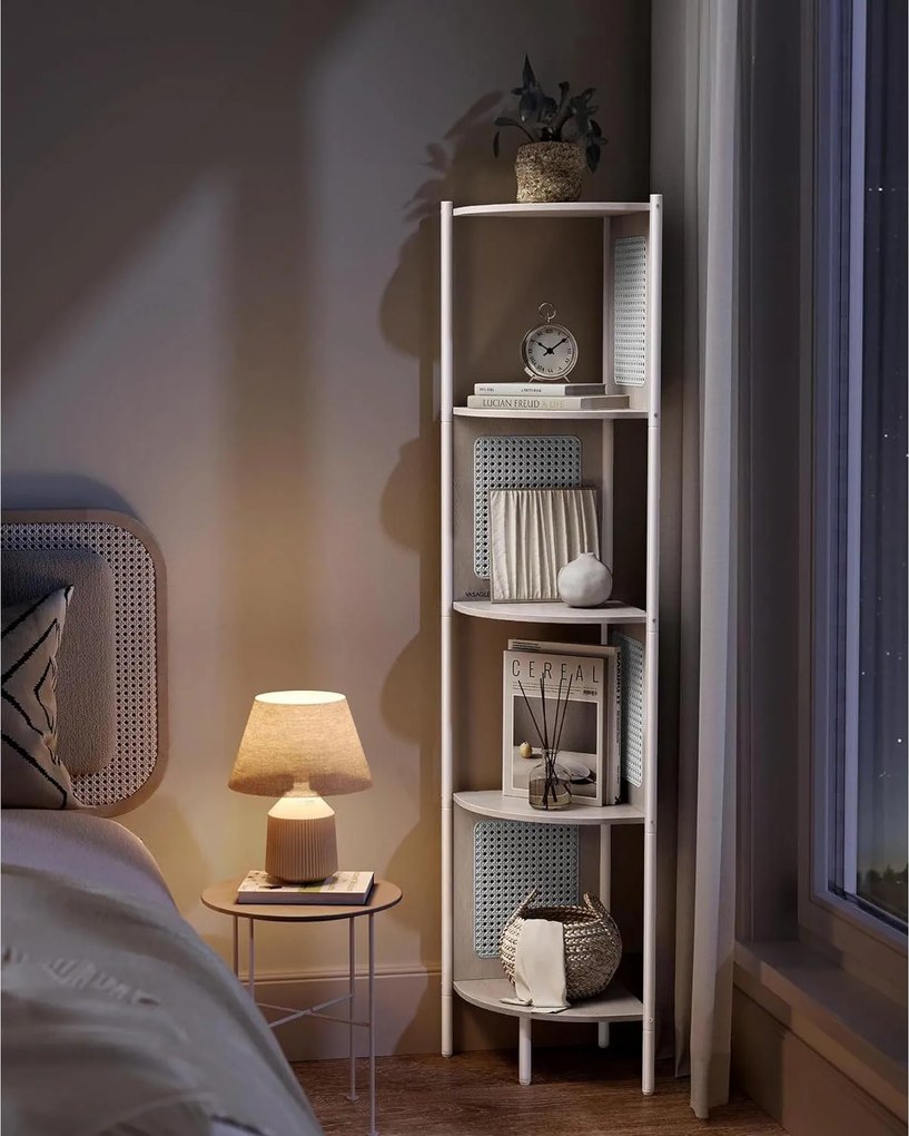 5-poschodová rohová polica, polica na knihy s polyratanovými stranami, svetlá béžová