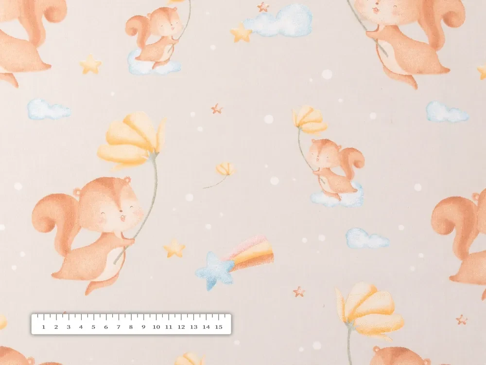 Biante Detský bavlnený okrúhly obrus Sandra SA-525 Veveričky s kvietkami na sivobéžovom Ø 40 cm