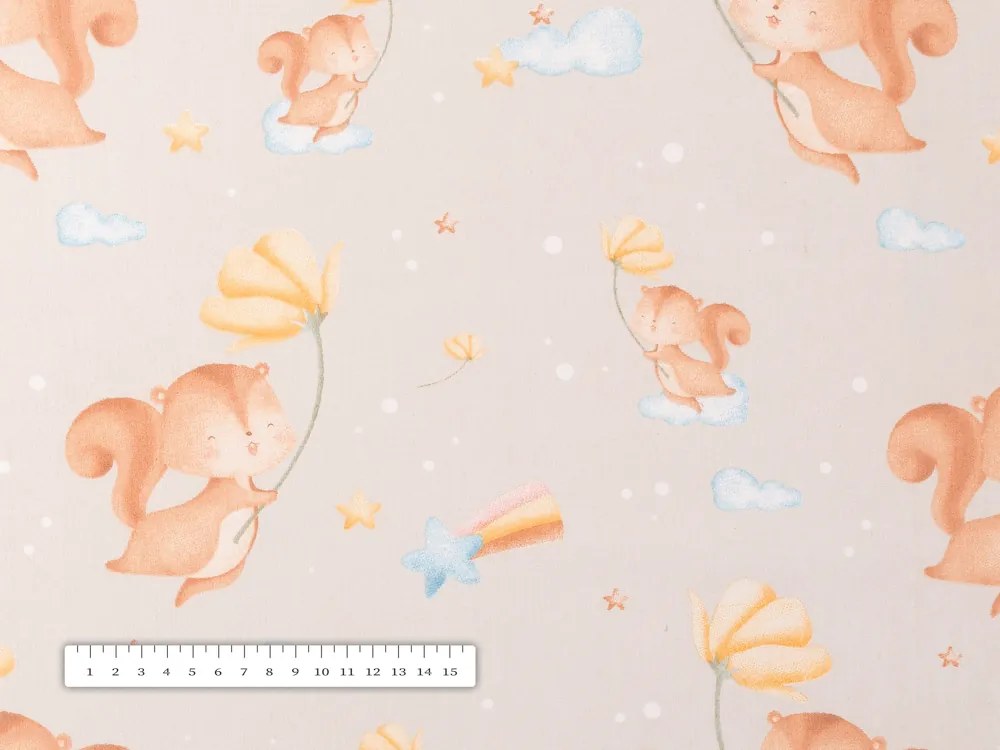 Biante Detský bavlnený okrúhly obrus Sandra SA-525 Veveričky s kvietkami na sivobéžovom Ø 70 cm