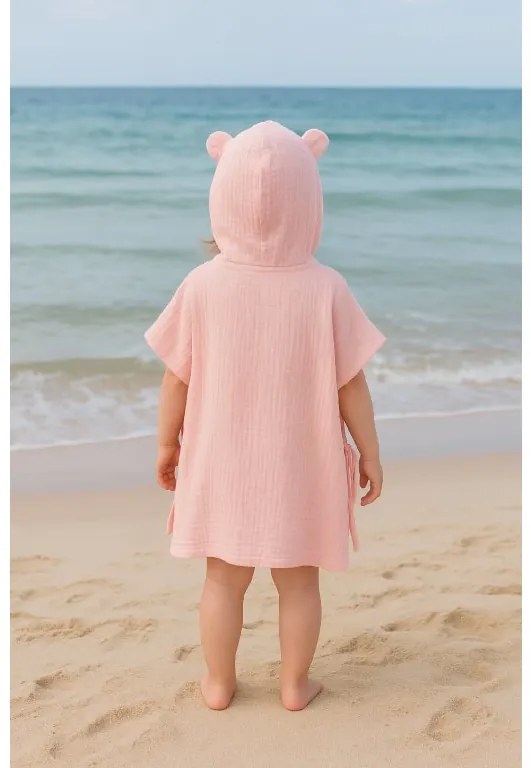 Detské mušelínové pončo s uškami – ružové, 100% bavlna Veľkosť: S: 1-3 Y