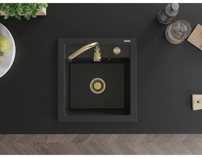 Mexen Vito, 1-komorový granitový drez 520x490x210 mm, zlatá batéria Telma, čierna-strieborná metalíza, 6503-73-670200-50