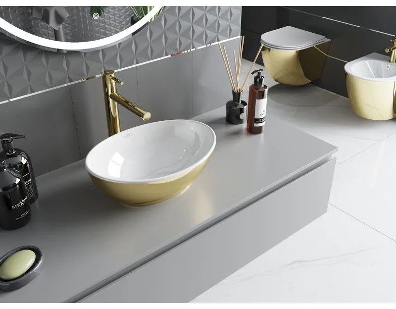 Mexen Elza, keramické umývadlo na dosku 405 x 330 mm, biela-zlatá, 21014006