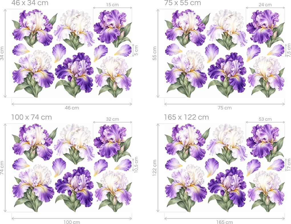 Fialové a biele kosatce elegantné botanické nálepky do obývačky na stenu arch 100 x 74 cm