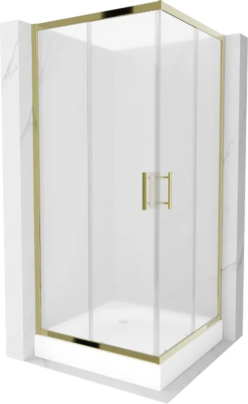 Mexen Rio, štvorcový sprchovací kút s posuvnými dverami 90(dvere) x 90(dvere) x 190 cm, 6mm sklo námraza, zlatý profil + biela sprchová vanička RIO, 860-090-090-50-30-4510