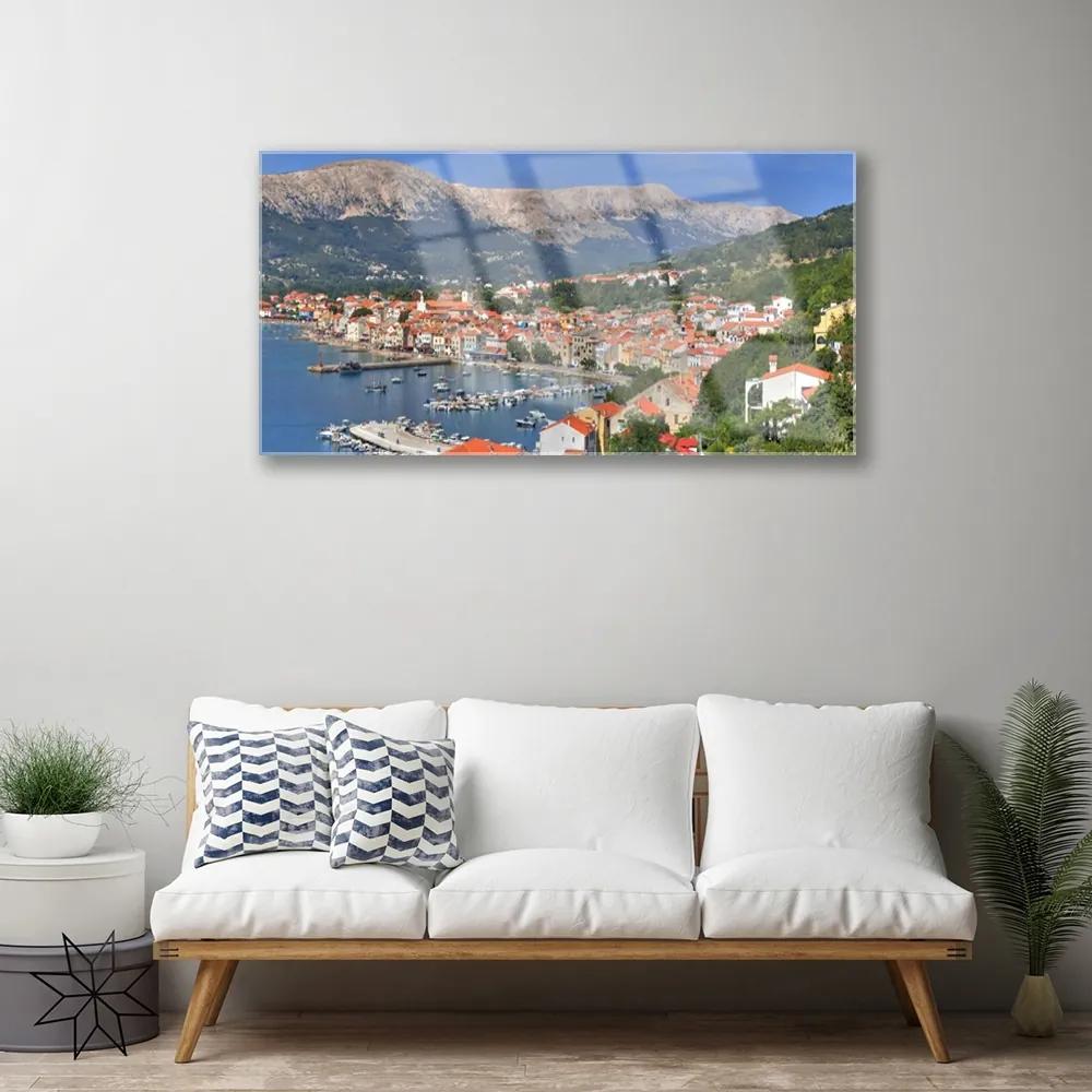 Obraz na skle Mesto hora more krajina 100x50 cm