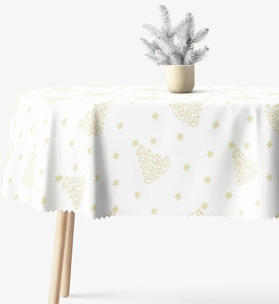 Goldea vianočný oválny teflónový obrus - zlaté vianočné stromčeky a hviezdičky 140 x 220 cm