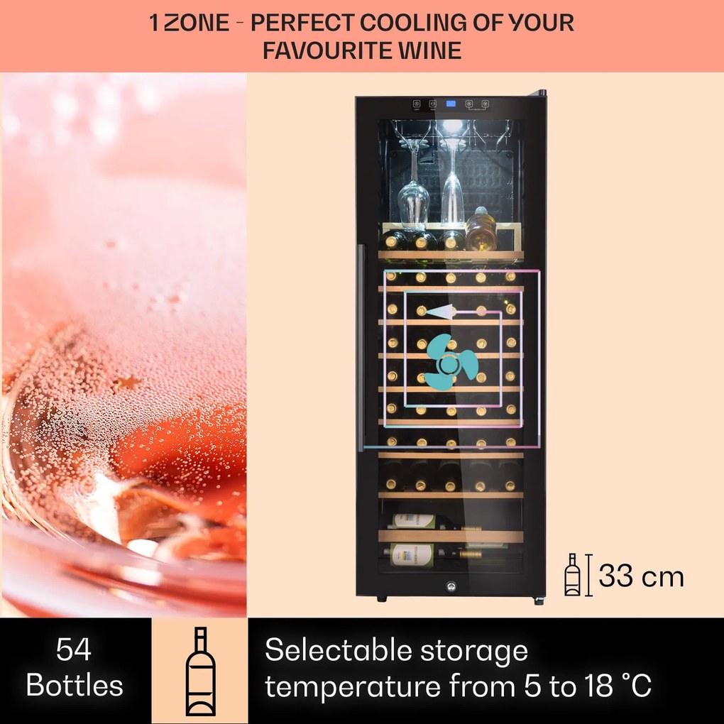 Klarstein Barossa 54 Uno, vinotéka, 155 l, 54 fliaš, sklenené dvere, dotykové ovládanie, LED