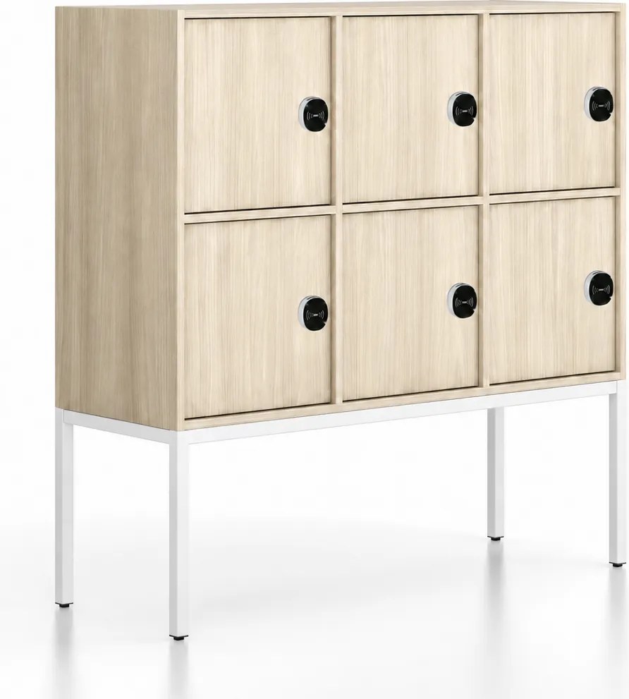 Kancelárska skriňa FRAME, nízka, biela podnož, 6x dvere, 1299 x 450 x 1331 mm, RFID zámok, dub prírodný