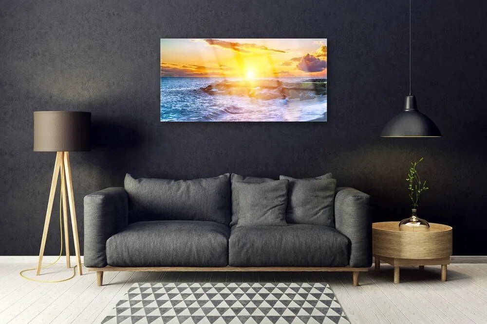 Skleneny obraz Západ slnka more pobrežie 120x60 cm