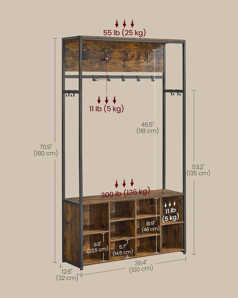 Předsíňový věšák s botníkem Vasagle Vigro 100 cm hnědý