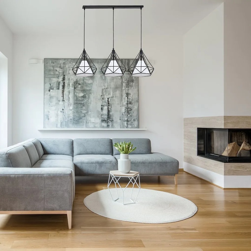 Závesné svietidlo Triangolo, 3x textilné/čierne drôtené tienidlo, b