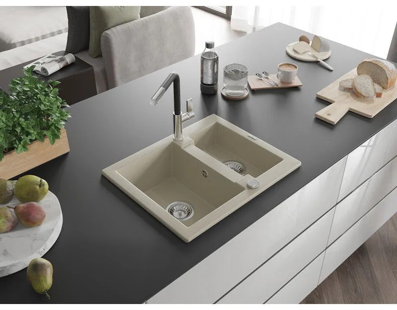 Mexen Carlos, 1,5-komorový granitový drez 582x475x177 mm a drezová batéria Flora, béžová, 6518-69-670401-07