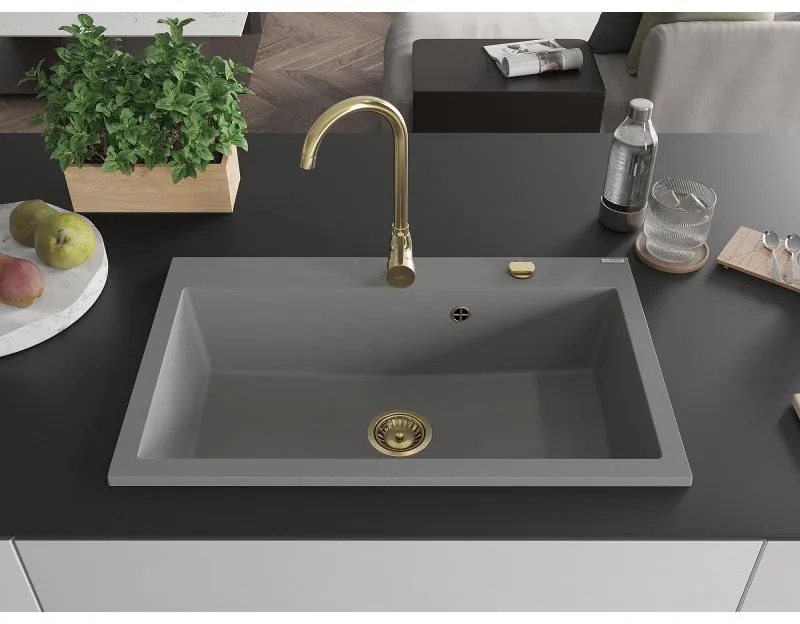 Mexen Elix, 1-korový granitový drez 800 x 500 mm, šedá, zlatý sifón, 6527801005-71-G
