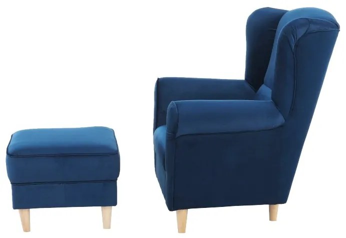 Kondela Kreslo, ušiak s taburetom, modrá látka, ASTRID