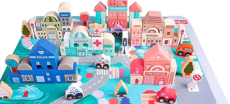 WELLHOX Drevené vzdelávacie bloky mesto s podložkou 115 ks