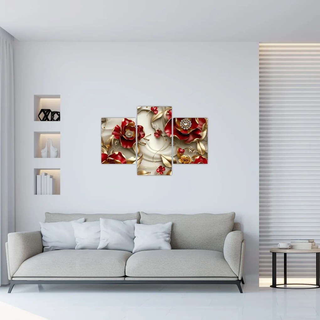Obraz - 3D Červeno-zlaté kvety (90x60 cm)