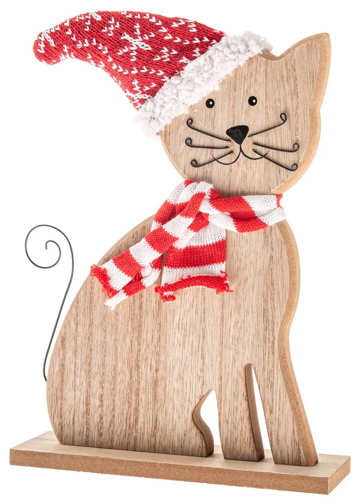 Drevená mačka s pleteným šálom a čiapkou, 29 cm