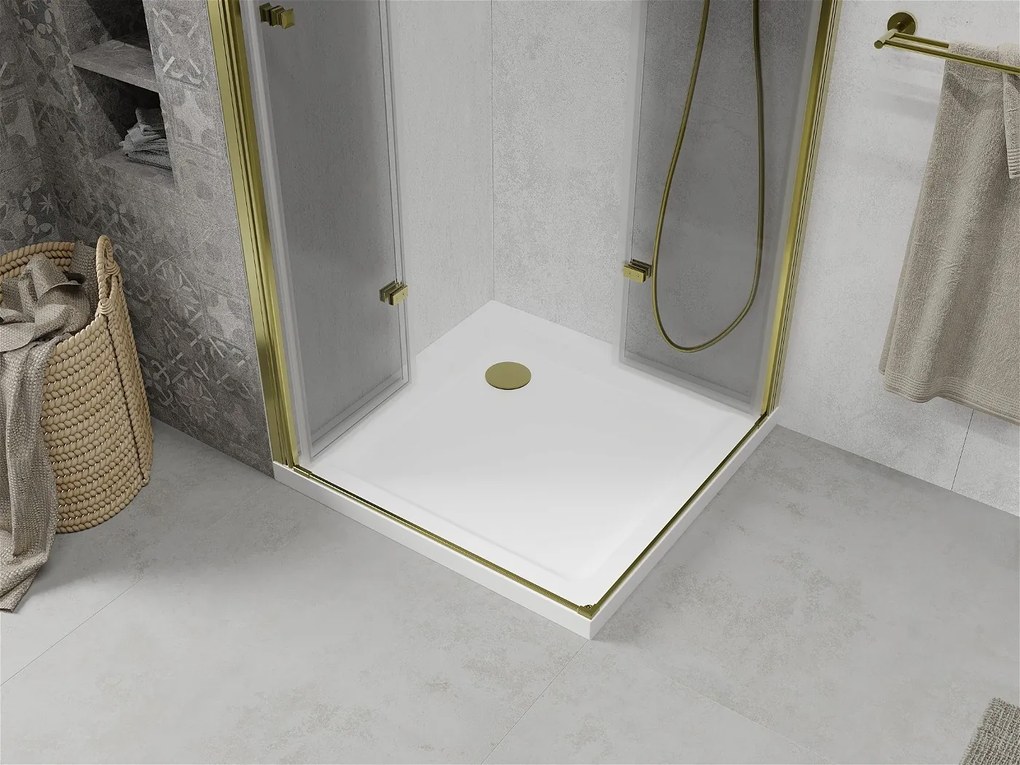 Mexen Lima Duo, sprchový kút 90 (dvere) x 90 (dvere) cm, 6mm číre sklo, zlatý profil + SLIM sprchová vanička 5cm so zlatým sifónom, 856-090-090-50-02-4010G