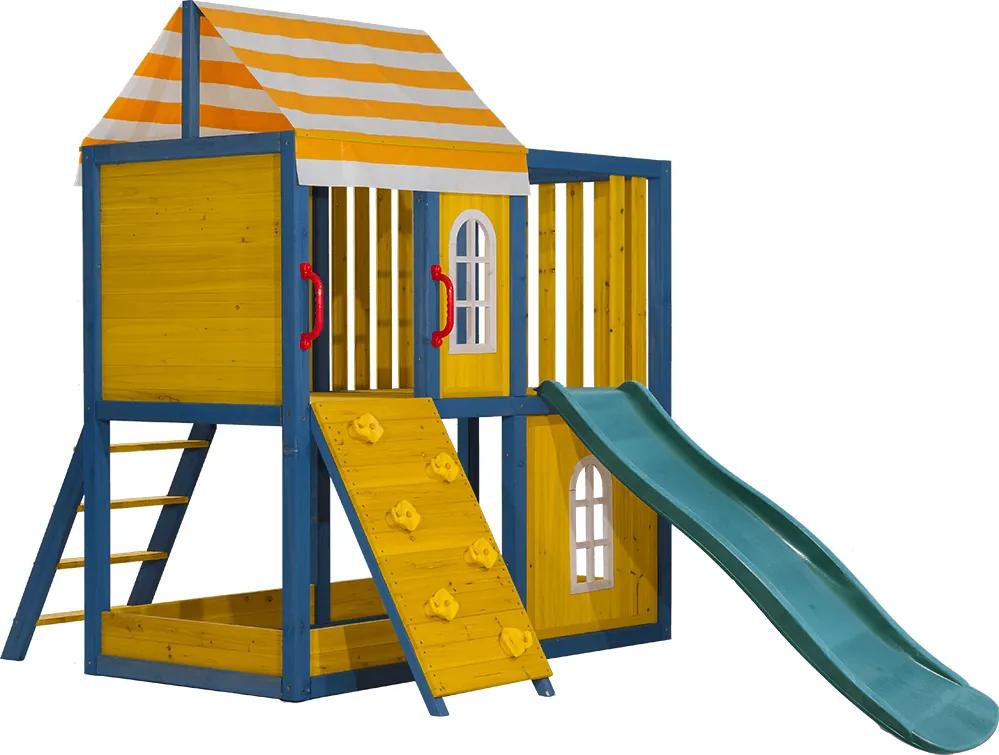 Drevený záhradný domček/záhradné ihrisko pre deti so šmykľavkou a lezeckou stenou, MANAS