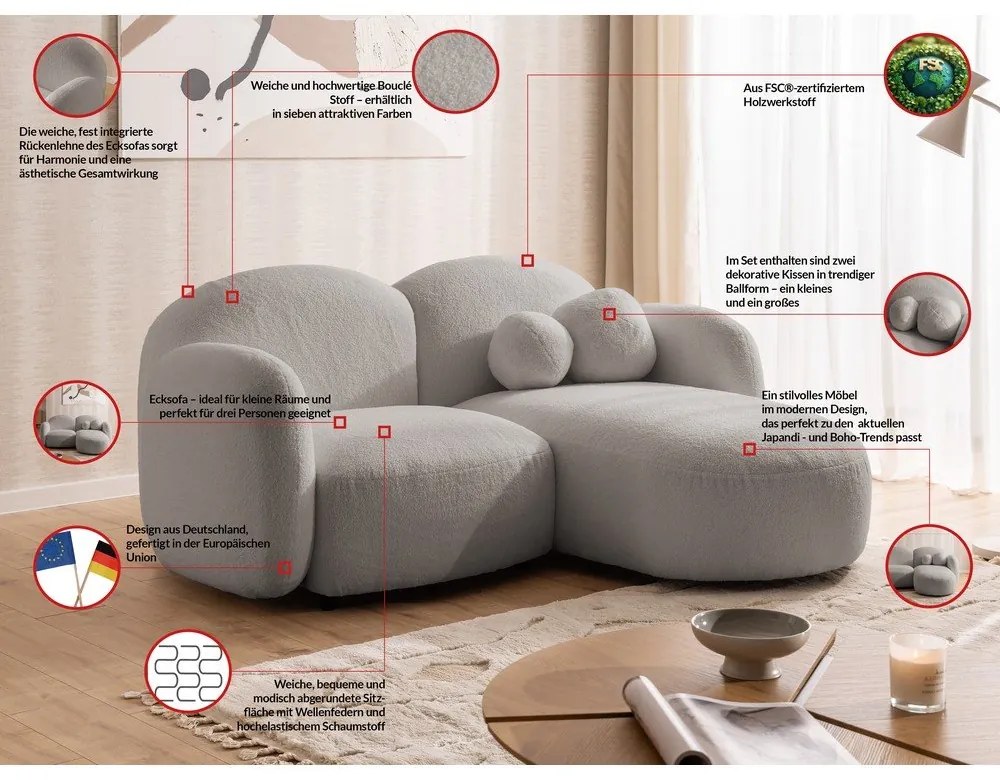 Sivá rohová pohovka z textílie buklé (pravý roh/s leňoškou) Orbit – Ropez