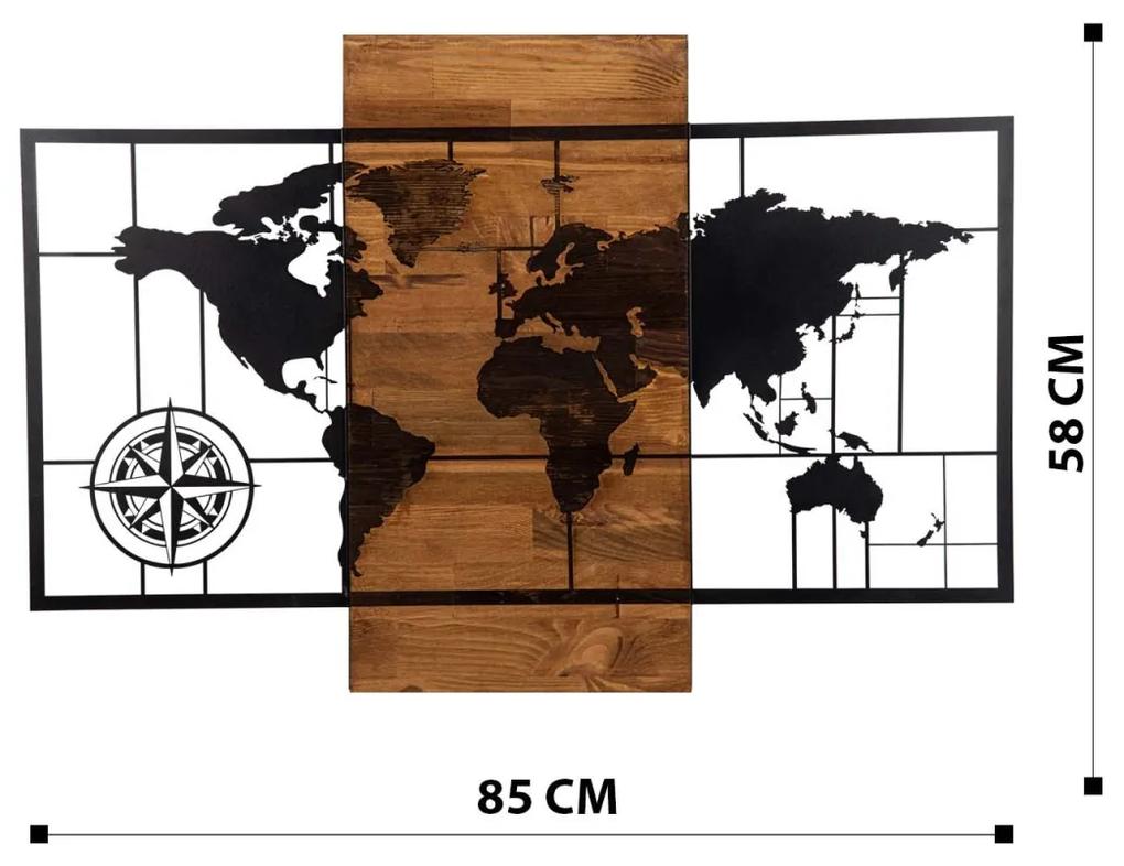 Nástenná drevená dekorácia WORLD MAP II hnedá/čierna