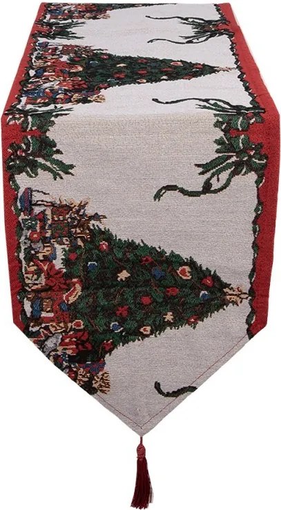 Béžovo-červený látkový behúň s vločkami a strapcami - 33*180 cm