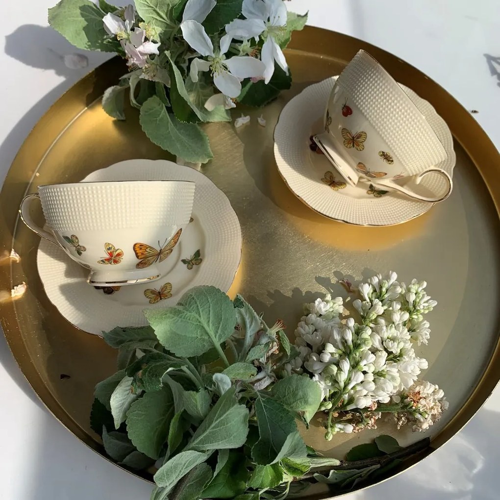 Duo Porcelánová šálka na nohe s podšálkou Ecru Butterflies 125 ml sada 2ks