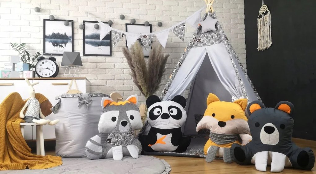 Detský stan TEEPEE (TÍPÍ) LUXURY s doplnkami - ZVIERACIA PARTIČKA - sivý