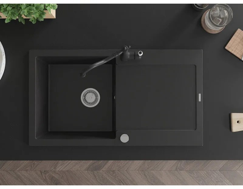Mexen Leo, granitový drez 900x500x190 mm, 1-komorový a drezová batéria Carla, čierna, 6501-77-670700-70