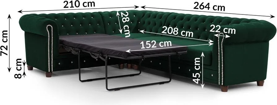 Zelená zamatová rozkladacia rohová pohovka (ľavý roh/do L) York Blik – Ropez