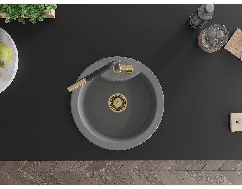 Mexen Diego, 1-komorový granitový drez 488x488x167 mm a drezová batéria Flora, šedá, 6512-71-670401-57-G
