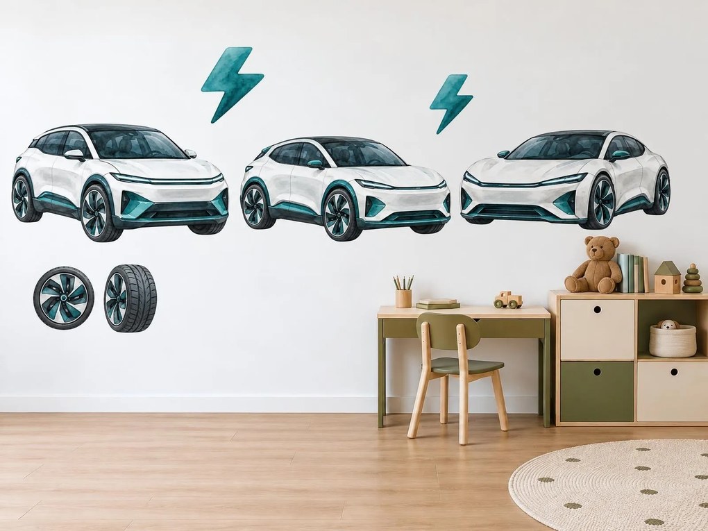 Moderné elektromobily akvarelové nálepky na stenu pre mladých technikov arch 199 x 122 cm