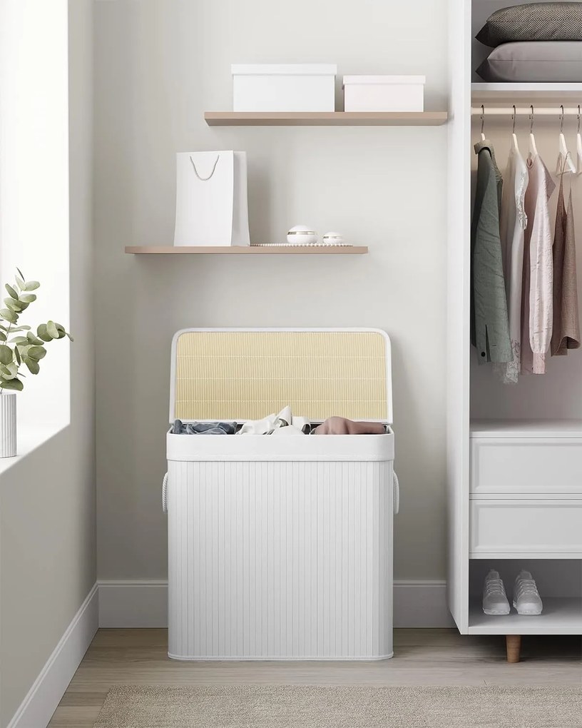 SongmicsHome Bambusový kôš na bielizeň GITA, 150 l, biela