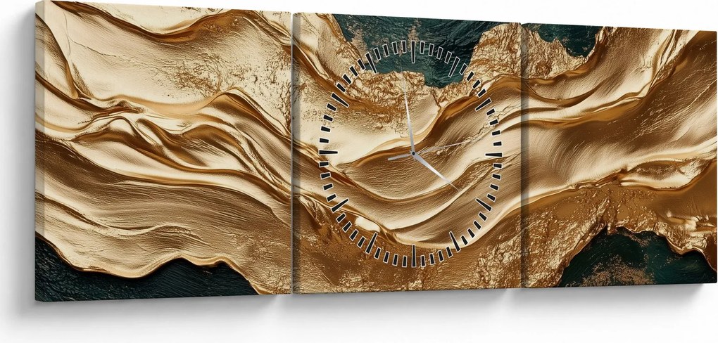 Obraz - Zelená abstrakcia so zlatom II. (s hodinami) (90x30 cm)
