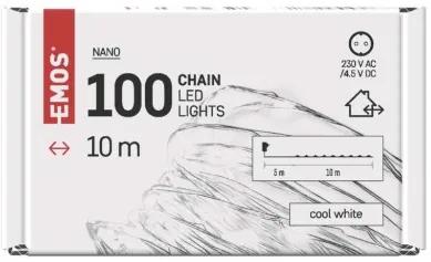 EMOS LED vonkajšia vianočná nano reťaz NANO LIGHTS, 100xLED, studená biela, 10m, časovač, strieborná