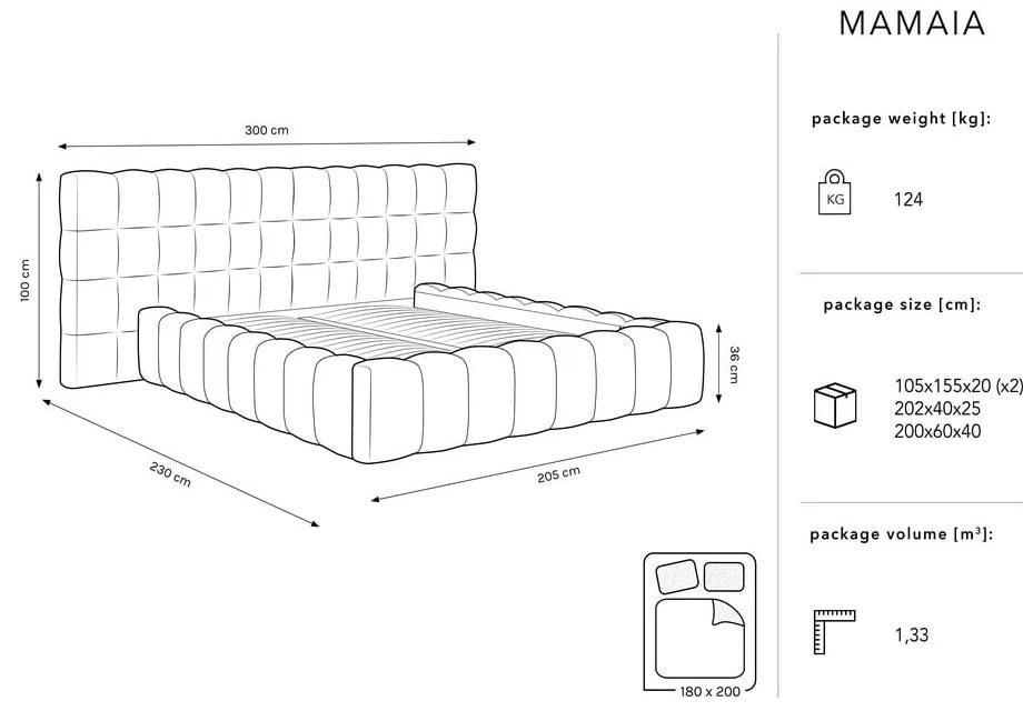 Béžová čalúnená dvojlôžková posteľ s úložným priestorom a roštom 180x200 cm Mamaia – Micadoni Home