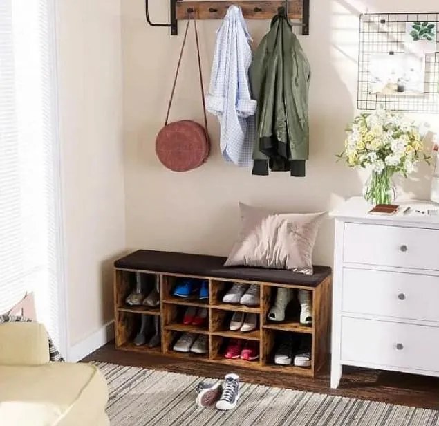 Botník s čalúnenou lavicou GABI, 10 priehradiek, 104x30x48cm, čierna/tmavá hnedá Jurhan