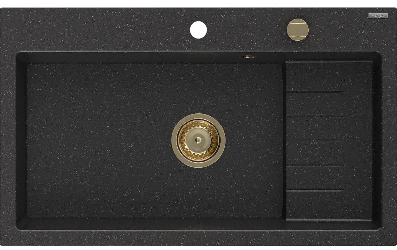 Mexen Omar, 1-komorový granitový drez 800x480x210 mm, čierna-strieborná metalíza, zlatý sifón, 6520801005-73-G