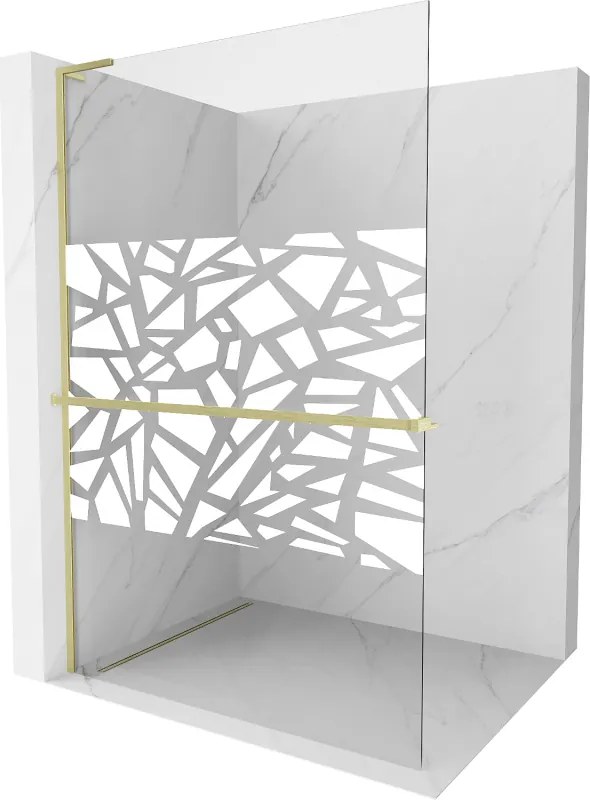 Mexen Kioto+ L, sprchová zástena Walk-In s poličkou a vešiakom 100 x 200 cm, 8mm číre sklo biely vzor, zlatý matný profil, 800-100-123-55-85