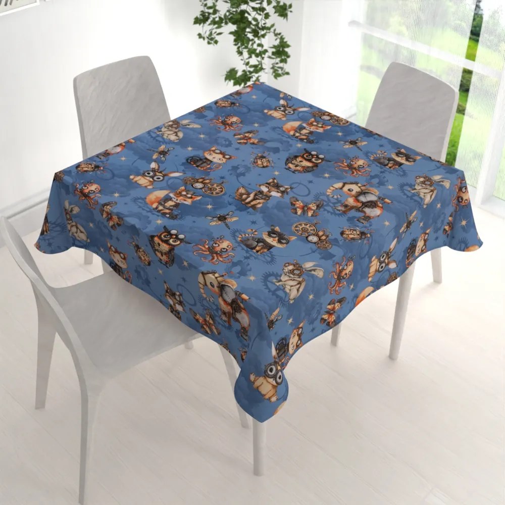 Biante Detský bavlnený štvorcový obrus Sandra SA-581 Zvieratká vynálezcovia na modrom 140x140 cm