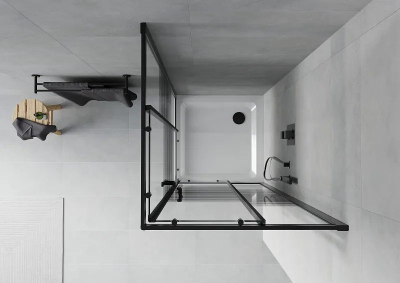 Mexen Rio, štvorcový sprchovací kút s posuvnými dverami 80(dvere) x 80(dvere) x 190 cm, 6mm číre sklo s pásikmi, čierny profil + biela sprchová vanička SLIM, 860-080-080-70-20-4010B