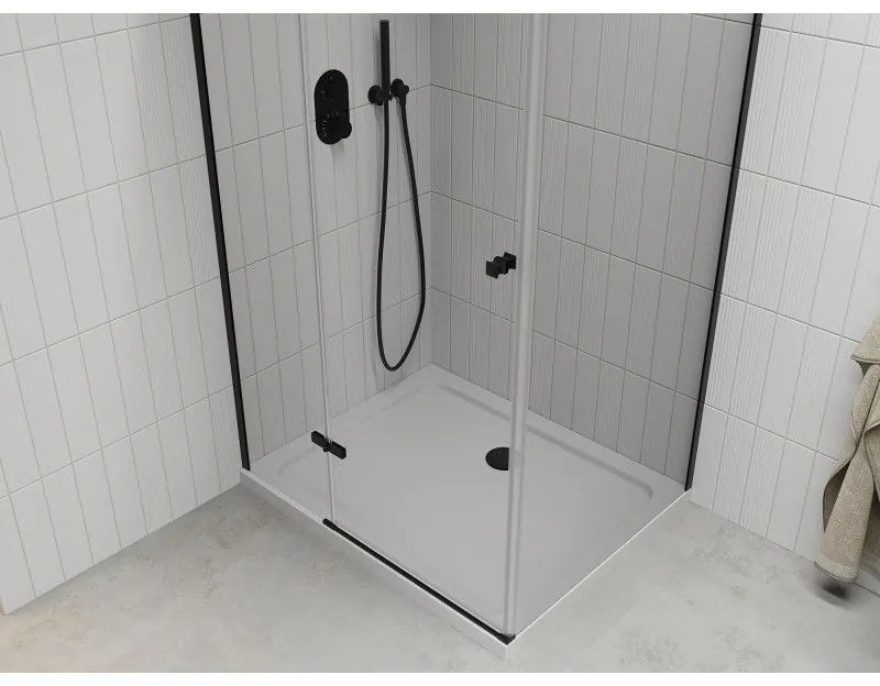Mexen Roma, sprchovací kút s 1-krídlovými dverami 90 (dvere) x 100 (stena) cm, 6mm číre sklo, čierny profil, slim sprchová vanička 5cm biela s čiernym sifónom, 854-090-100-70-00-4010B