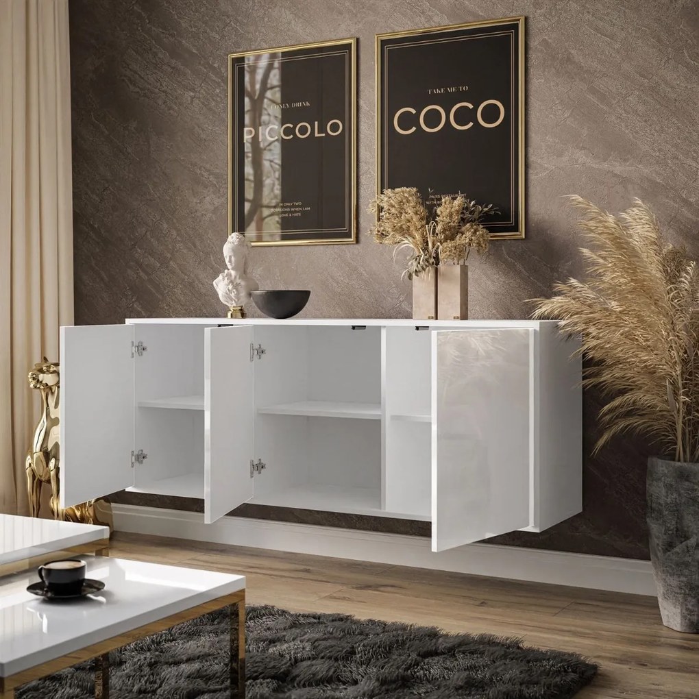 KOMODA ALWIN BIELA VYSOKÝ LESK 153cm STRIEBORNÉ NOŽIČKY