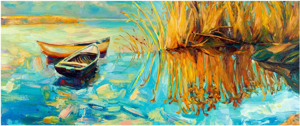 Obraz - Jazero s loďkami (120x50 cm)